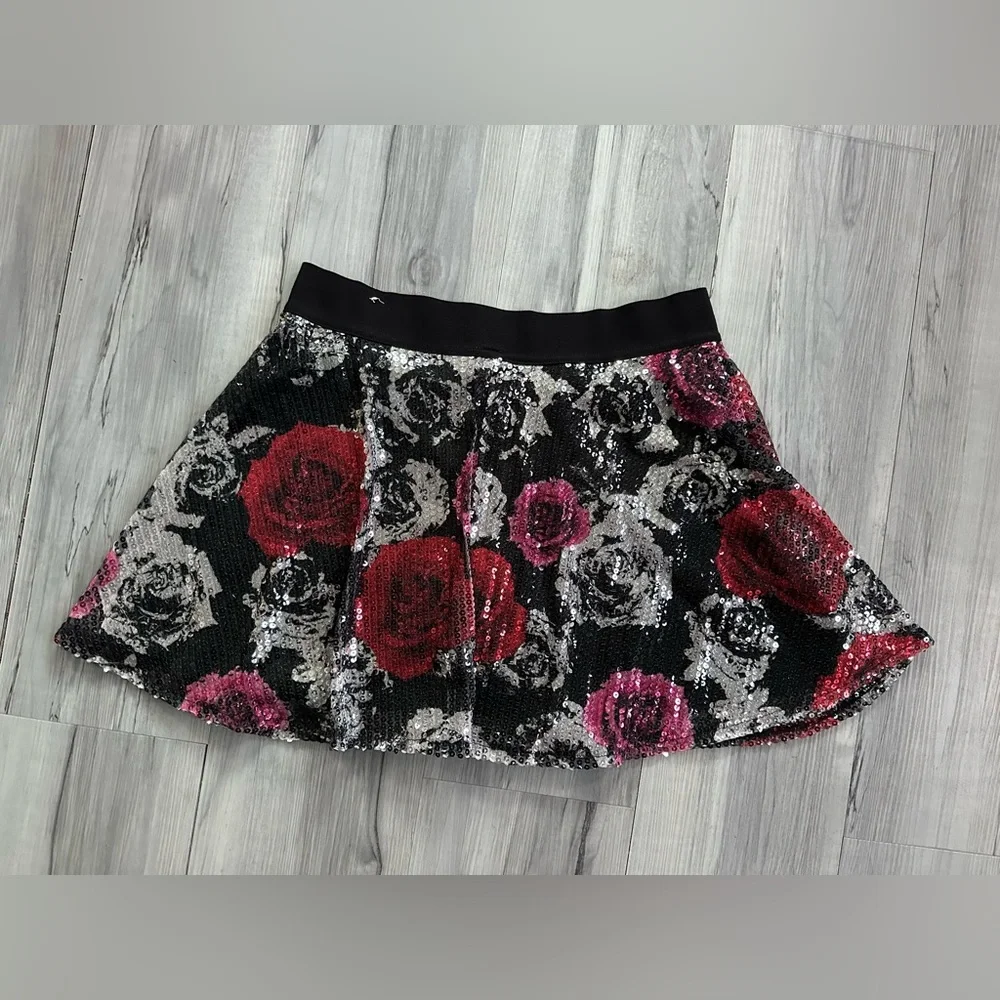JUSTICE Skort Juniors Size 16 Women’s S SEQUINED SKATER‎ Skirt ROSES Red Silver